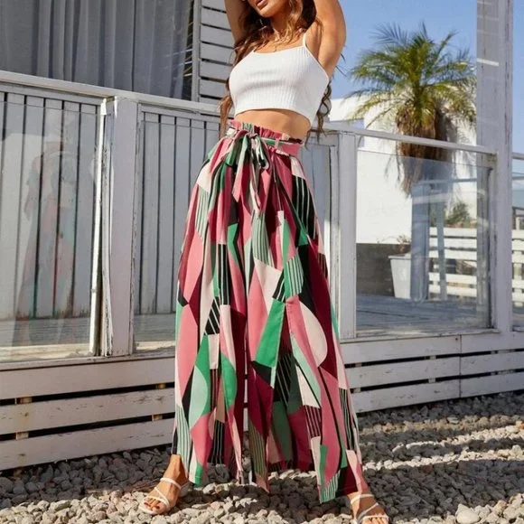 boho Crop Cami Top & Geo Print Slit Thigh Belted Wide Leg Pants - Picture 3 of 5